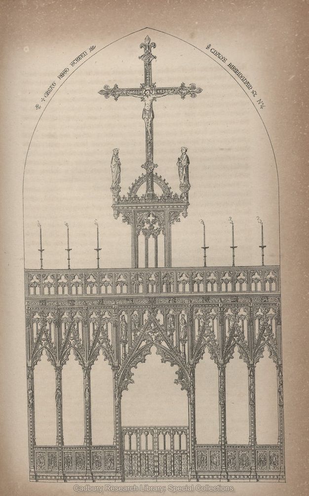 Illustration. Choir screen design with seven bays, each under a pointed arch lined with tracery. The central bay is about twice the width as the thinner bays. Six lit candles sit overtop the bays. A structure with four very short columns and a dome rises over the central bay and supports a crucifixion.