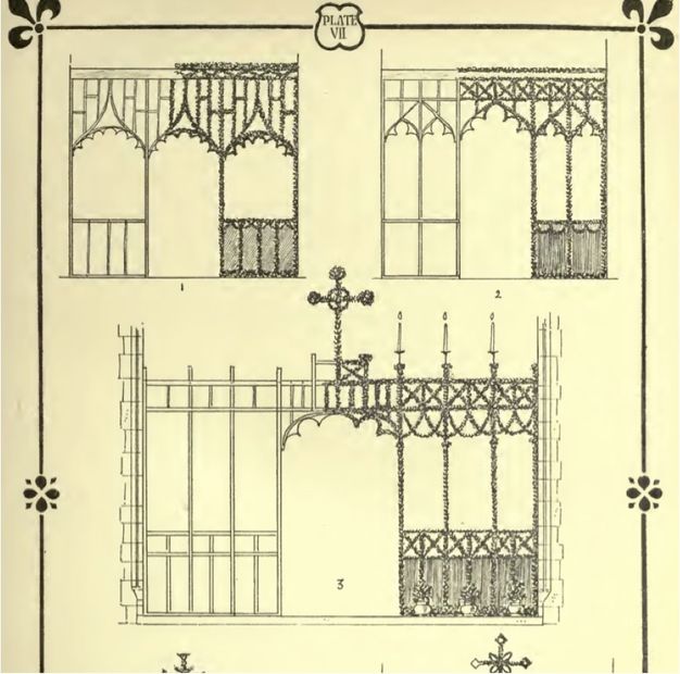 Illustration. Three diagrams in black on cream paper show different configurations of choir screens. One comprises three bays; the second also has three bays but the flanking bays are further bisected; and the third shows a wide central bay flanked by three narrow openings to either side. Half of each illustration is a line drawing, like a diagram, and the right half suggests ornament.