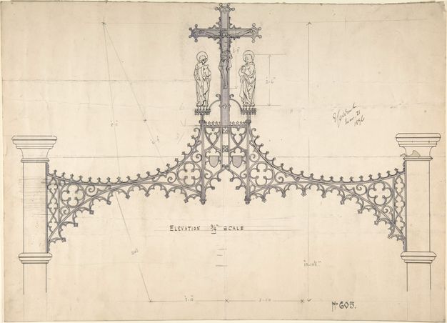 Drawing. Detail view of the loft coving of a choir screen, which would have transitioned from the arches below to the rood group above. The rood group comprises a crucifixion flanked by two people, the Virgin Mary and St John the Evangelist. The tracery of the loft coving creates a lacy web stretching across two columns.