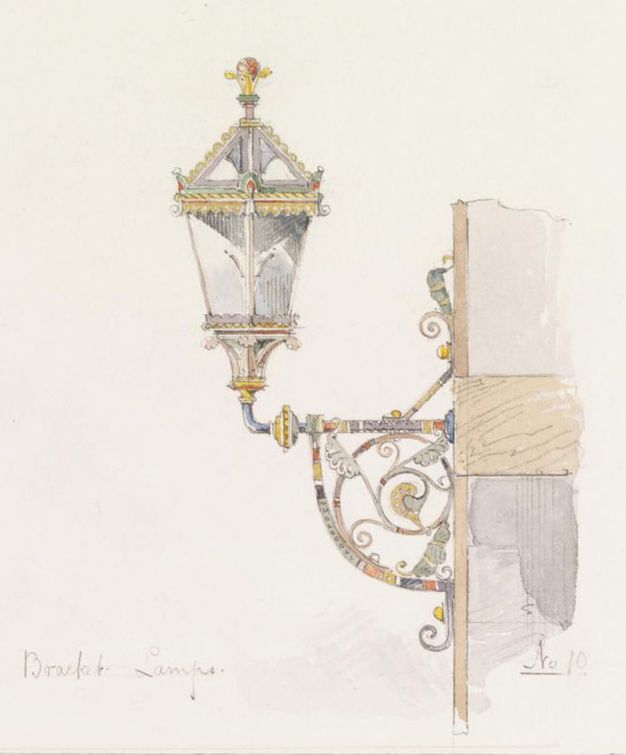 Watercolour and drawing. Design for a lamp affixed to a wall with a bracket. The fittings of the lantern are gilded, and it is topped with a gold finial. Scrolling ironwork fills the bracket and eddies onto the wall on which it hangs. Parts of the ironwork are coloured royal blue or orange.