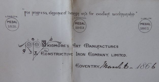 Letterhead. Horizontally oriented printed card or paper reads, “For progress, elegance of design and for excellent workmanship” across the top. Three circles spaced across the page under have text reading, “London Medal 1851”, “London Medal 1862”, and “Dublin medal 1865”.