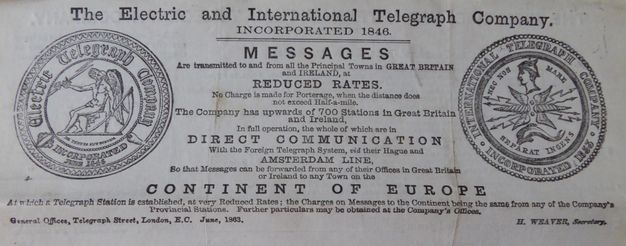 Letterhead. Two seals are printed to either side of a company name. Under the company name at the top, there are several lines of typewritten text in serif and sans serif fonts. It begins “Messages are transmitted to and from all the principal towns in Great Britain and Ireland, at reduced rates.”