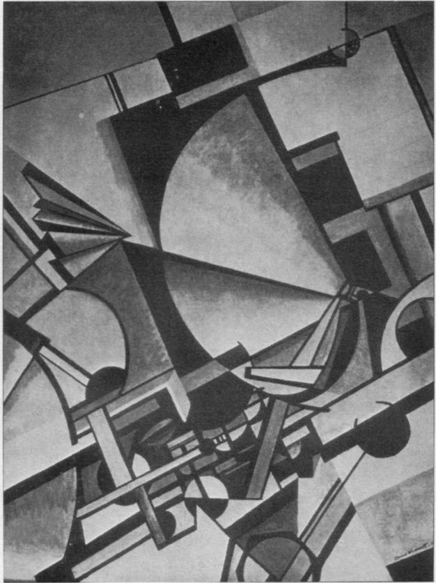 Painting. Black and white image of an abstract composition filled with shaded geometric forms and black voids. Near the centre, one of the largest pieces curves like an unfolding fan.
