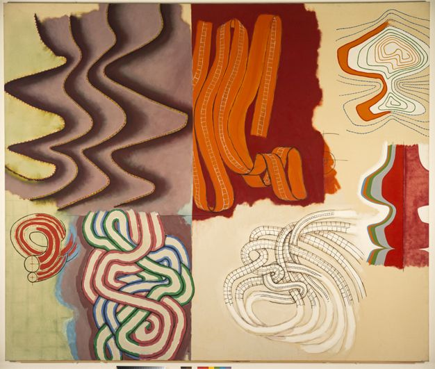 Drawing. Bands create a wide range patterns and configurations. For instance, deeply shadowed brown bands in the top left quadrant create the impression of ruffles, dunes, or walls of a maze. Below, lines outlined in red, green, or blue are reminiscent of a Celtic cross or intestines.