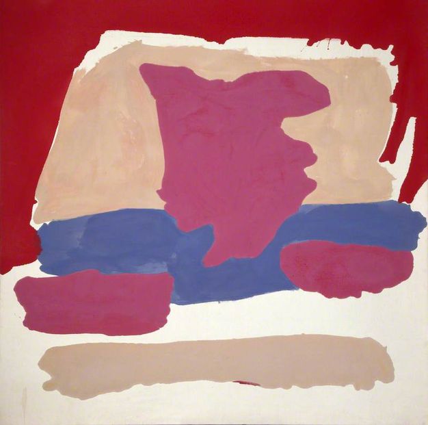 Painting. This abstract composition is made up of organic shapes in magenta pink, dark red, periwinkle blue, or sand brown.