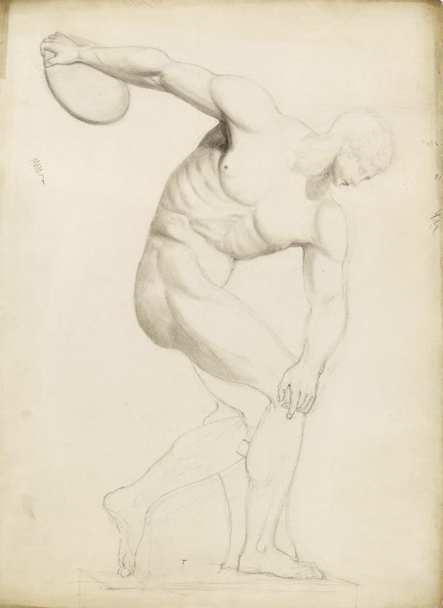 Drawing. A muscular, nude man is sketched in faint grey lines on cream-coloured paper. He bends almost double, one arm holding a discus swung back behind him. The other hand crosses his body so is outside the opposite knee. The face, second arm, and legs are outlined. The musculature on the torso is shaded in more detail.