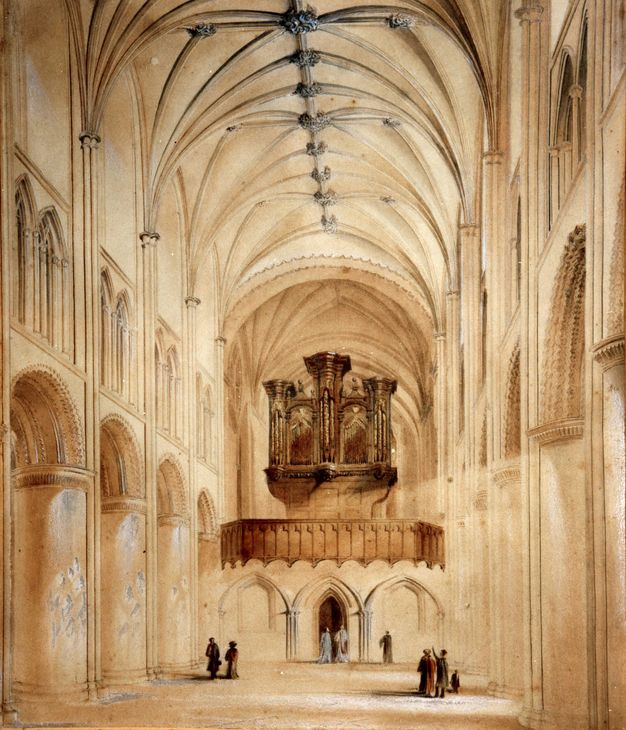 Drawing. We look down a soaring, hall-like nave lined with piers holding up arches, and a vaulted ceiling above. A few people walking below are tiny in the space. All of the architecture is creamy or light tan except for a darker brown organ over a choir screen at the far end.