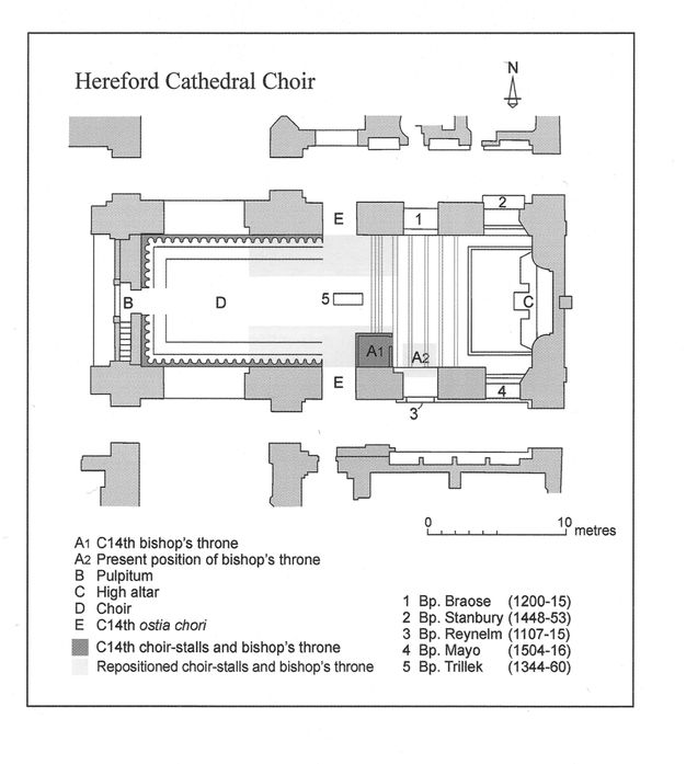 Floorplan. The footprint of a cathedral choir is colour coded in white and grey, and parts are labelled. A key, including the names of bishops under whom work was done, is below.